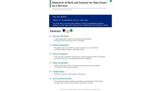 Statement Of Work And Contract For Data Center As A Services One Pager Sample Example Document