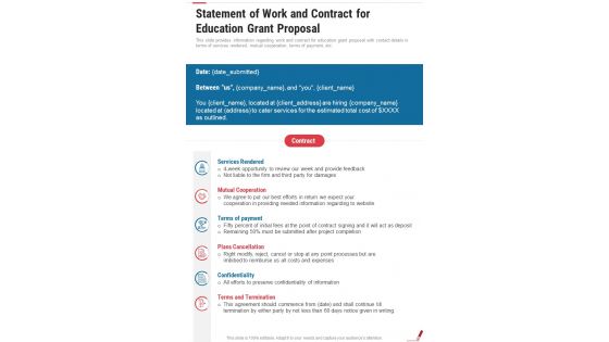 Statement Of Work And Contract For Education Grant Proposal One Pager Sample Example Document