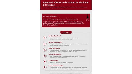 Statement Of Work And Contract For Electrical Bid Proposal One Pager Sample Example Document