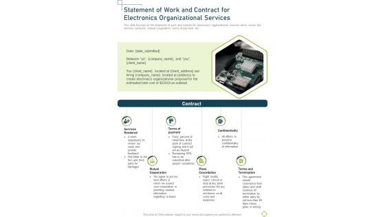 Statement Of Work And Contract For Electronics Organizational Services One Pager Sample Example Document