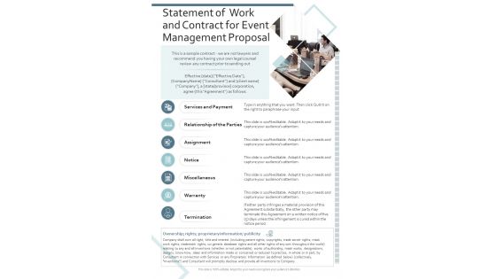 Statement Of Work And Contract For Event Management Proposal One Pager Sample Example Document