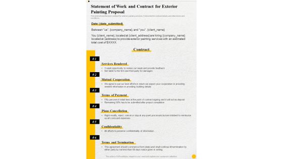 Statement Of Work And Contract For Exterior Painting One Pager Sample Example Document