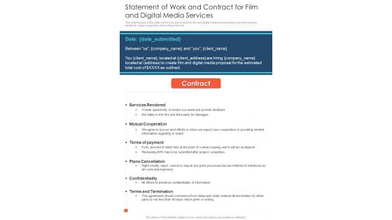 Statement Of Work And Contract For Film And Digital Media Services One Pager Sample Example Document