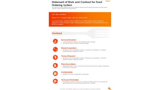 Statement Of Work And Contract For Food Ordering System One Pager Sample Example Document