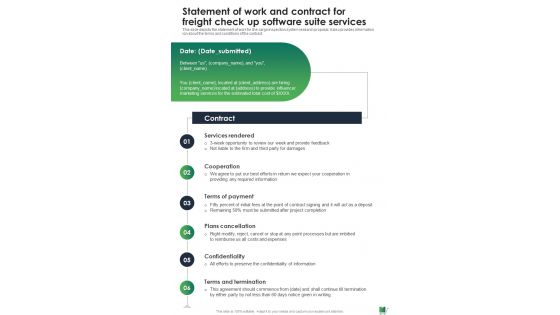 Statement Of Work And Contract For Freight Check Up Software One Pager Sample Example Document