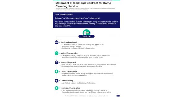 Statement Of Work And Contract For Home Cleaning Service One Pager Sample Example Document