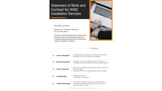 Statement Of Work And Contract For HVAC Installation Services One Pager Sample Example Document