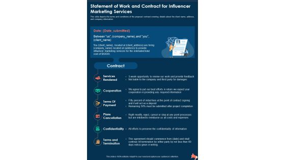 Statement Of Work And Contract For Influencer Marketing One Pager Sample Example Document