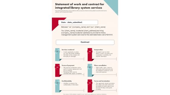 Statement Of Work And Contract For Integrated Library System One Pager Sample Example Document