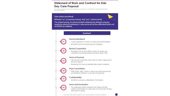 Statement Of Work And Contract For Kids Day Care Proposal One Pager Sample Example Document