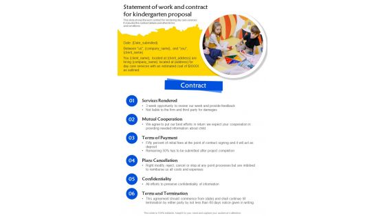 Statement Of Work And Contract For Kindergarten One Pager Sample Example Document