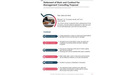 Statement Of Work And Contract For Management Consulting Proposal One Pager Sample Example Document