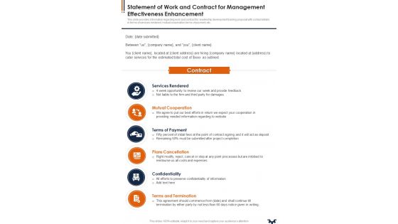 Statement Of Work And Contract For Management Effectiveness Enhancement One Pager Sample Example Document