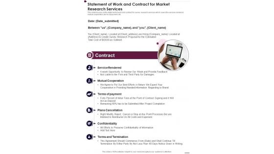 Statement Of Work And Contract For Market Research Services One Pager Sample Example Document