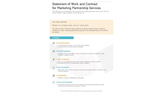 Statement Of Work And Contract For Marketing Partnership Services One Pager Sample Example Document