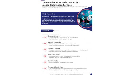 Statement Of Work And Contract For Media Digitalization Services One Pager Sample Example Document