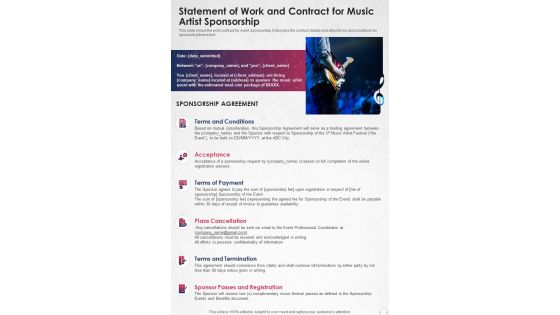Statement Of Work And Contract For Music Artist Sponsorship One Pager Sample Example Document