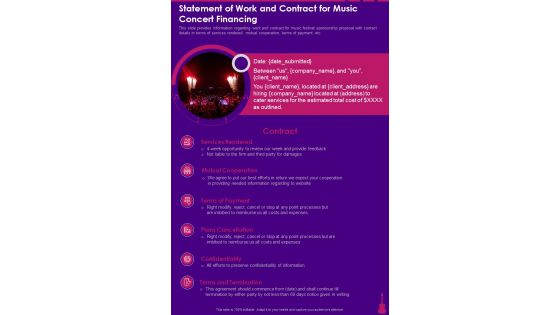 Statement Of Work And Contract For Music Concert Financing One Pager Sample Example Document