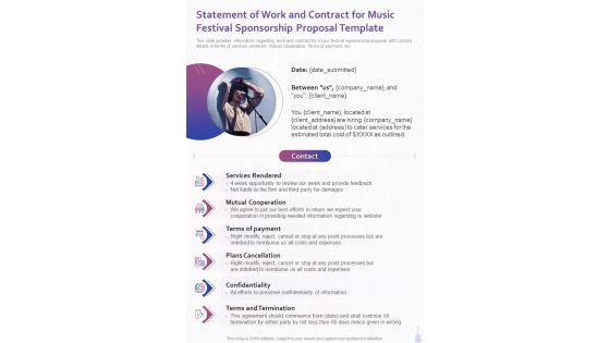 Statement Of Work And Contract For Music Festival Sponsorship One Pager Sample Example Document