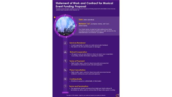 Statement Of Work And Contract For Musical Event Funding Proposal One Pager Sample Example Document
