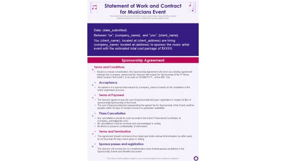 Statement Of Work And Contract For Musicians Event One Pager Sample Example Document