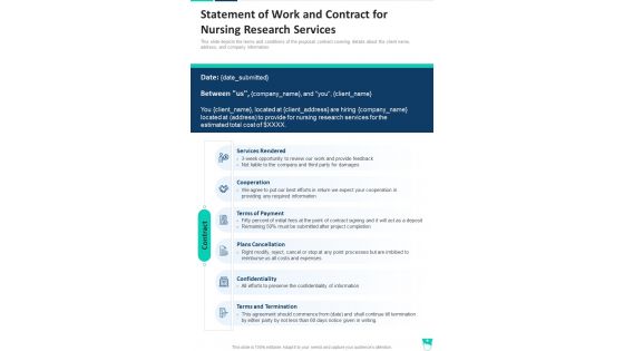 Statement Of Work And Contract For Nursing Research Services One Pager Sample Example Document