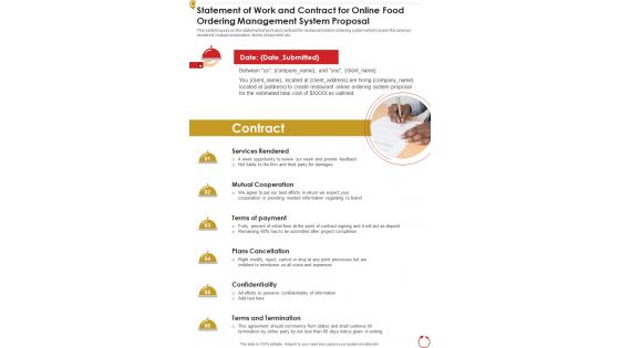 Statement Of Work And Contract For Online Food Ordering Management One Pager Sample Example Document