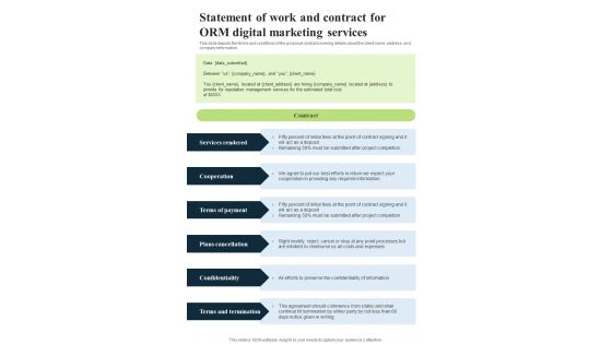 Statement Of Work And Contract For ORM Digital Marketing One Pager Sample Example Document