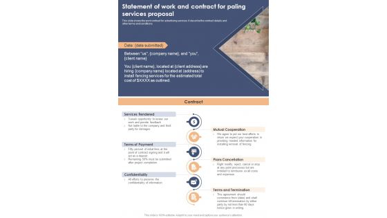 Statement Of Work And Contract For Paling Services Proposal One Pager Sample Example Document