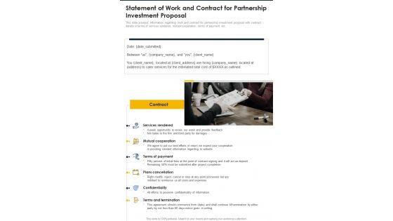 Statement Of Work And Contract For Partnership Investment One Pager Sample Example Document