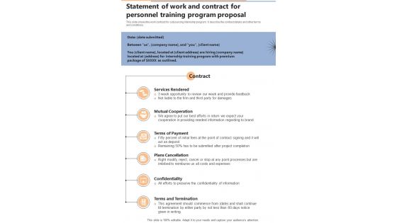 Statement Of Work And Contract For Personnel Training Programone Pager Sample Example Document