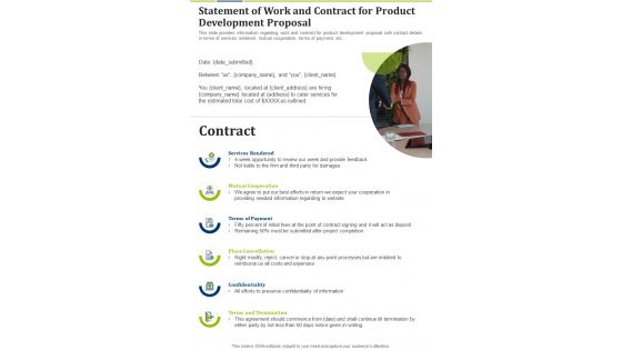 Statement Of Work And Contract For Product Development Proposal One Pager Sample Example Document