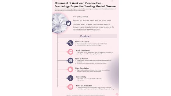Statement Of Work And Contract For Psychology Project For Treating Mental One Pager Sample Example Document