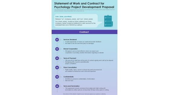 Statement Of Work And Contract For Psychology Project One Pager Sample Example Document