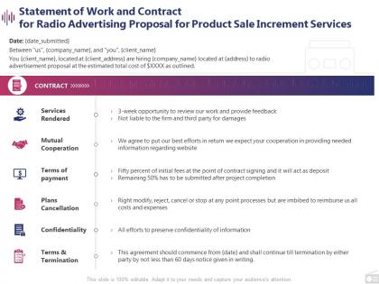 Statement of work and contract for radio advertising proposal for product sale increment services ppt slides
