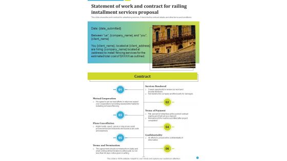 Statement Of Work And Contract For Railing Installment Services Proposal One Pager Sample Example Document