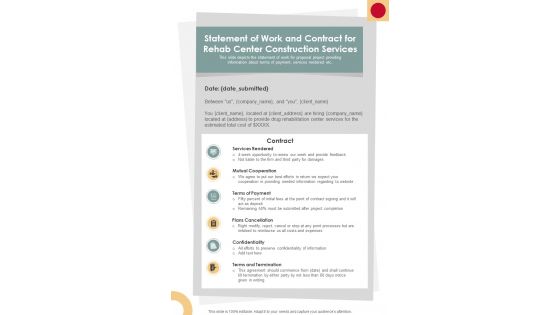 Statement Of Work And Contract For Rehab Center Construction One Pager Sample Example Document