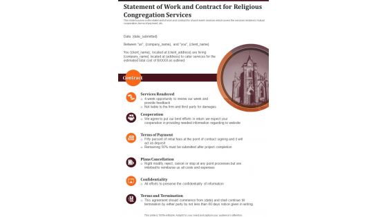 Statement Of Work And Contract For Religious Congregation One Pager Sample Example Document