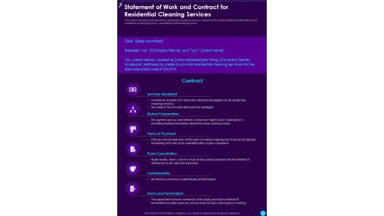 Statement Of Work And Contract For Residential Cleaning Services One Pager Sample Example Document