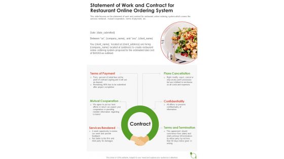 Statement Of Work And Contract For Restaurant Online Ordering System One Pager Sample Example Document