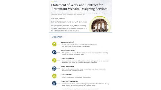 Statement Of Work And Contract For Restaurant Website Designing Services One Pager Sample Example Document
