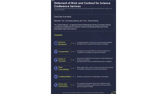 Statement Of Work And Contract For Science Conference One Pager Sample Example Document