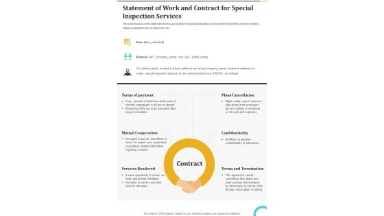 Statement Of Work And Contract For Special Inspection Services One Pager Sample Example Document