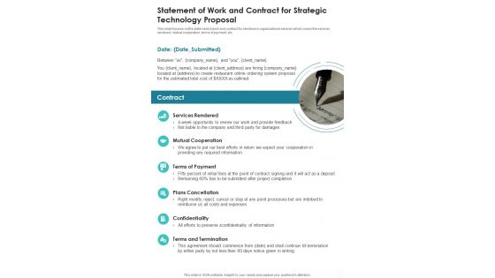 Statement Of Work And Contract For Strategic Technology Proposal One Pager Sample Example Document