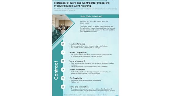Statement Of Work And Contract For Successful Product Launch Event One Pager Sample Example Document