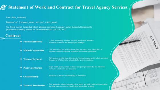 Statement of work and contract for travel agency services ppt slides design templates
