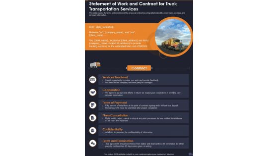 Statement Of Work And Contract For Truck Transportation Services One Pager Sample Example Document