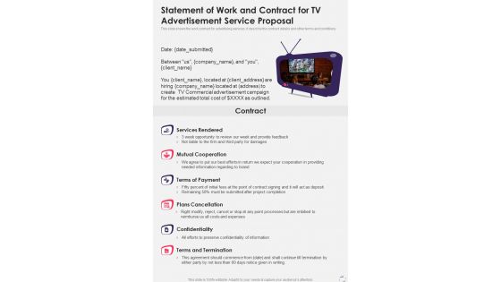 Statement Of Work And Contract For Tv Advertisement Service Proposal One Pager Sample Example Document