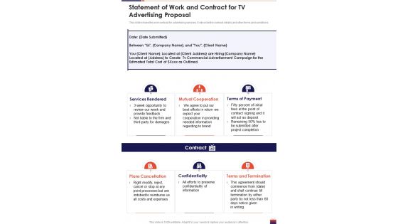 Statement Of Work And Contract For TV Advertising One Pager Sample Example Document