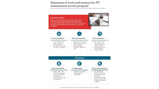 Statement Of Work And Contract For Tv Endorsement Service Proposal One Pager Sample Example Document